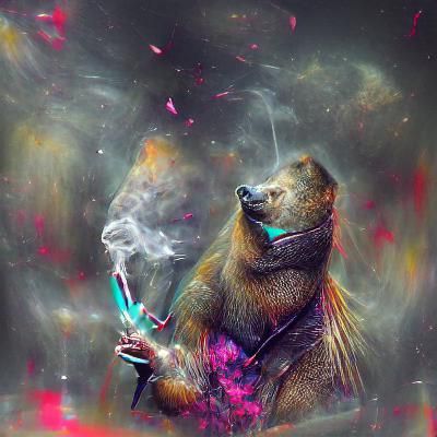 Grizzly Bear in Suit Smoking Pipe, Cosmic Illustration