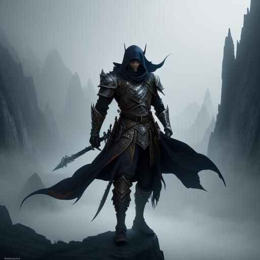 Armored Assassin Overlooking Mystical Valley in Fantasy Art