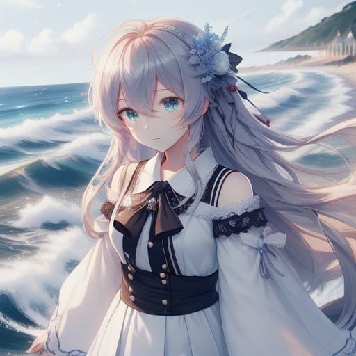 Anime Girl in Sundress on Beach, Summer Vibe