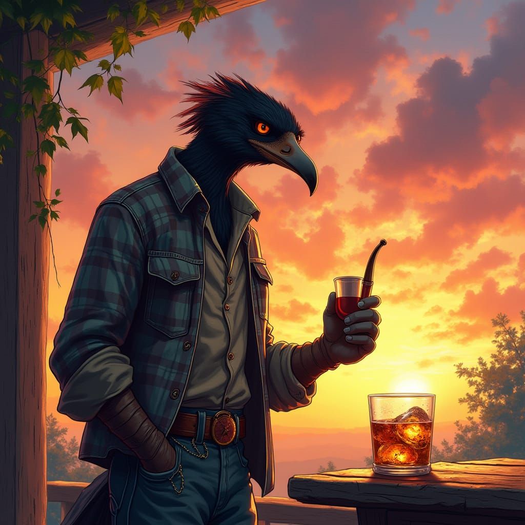 Crested Caracara Smokes Pipe on Sunset Porch in Anime-Inspir...