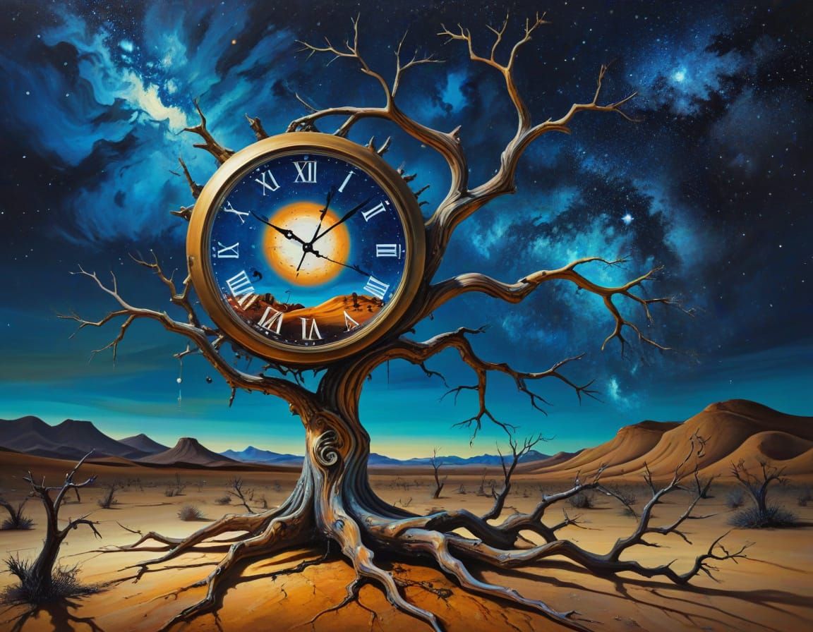 Surreal Melting Clock Over Desert Tree