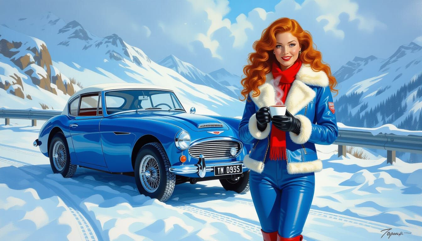 Textured Painting of Woman in Blue Jacket with Classic Car