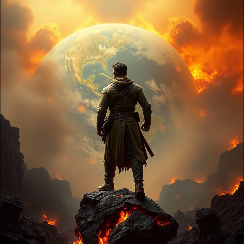 Hero in a Burning Wasteland, in a Cinematic, Post-Apocalypti...