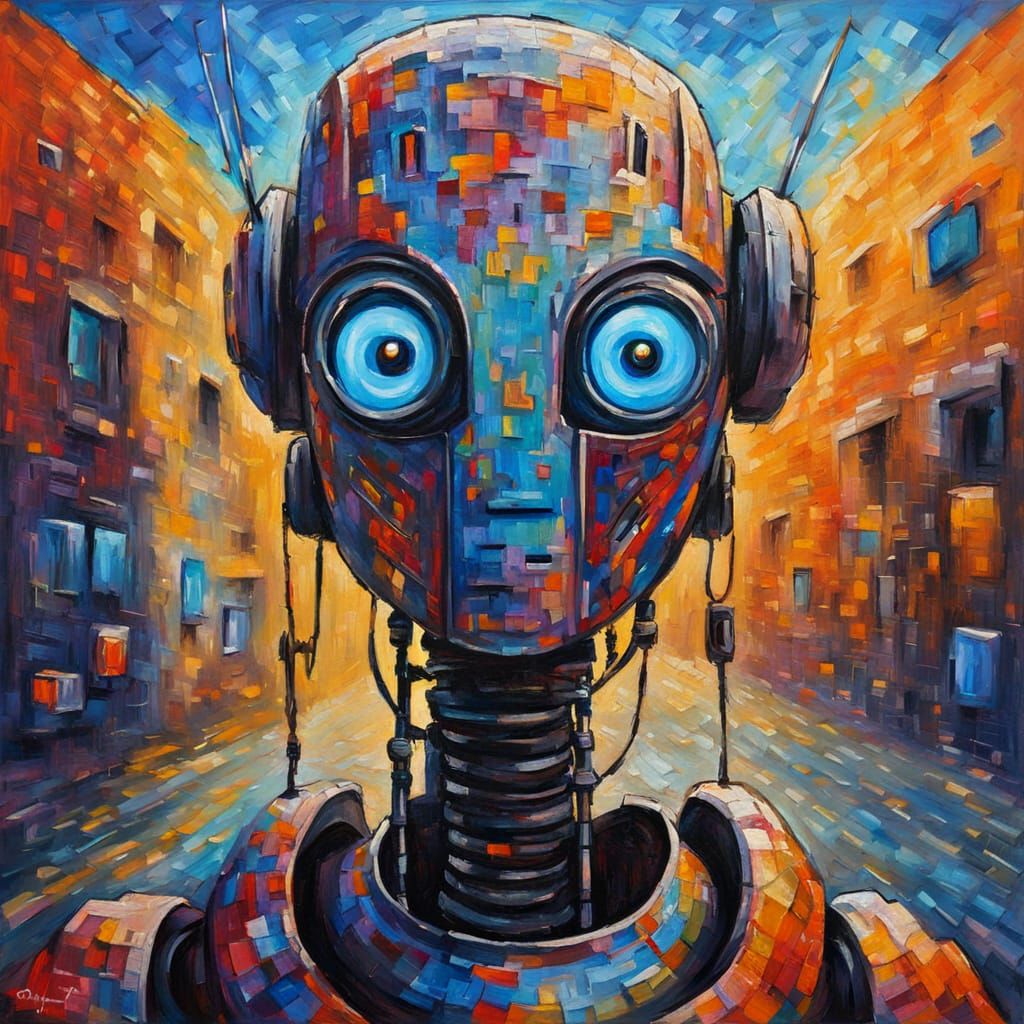 Robot with Glowing Heart-Shaped Eyes in Neo-Impressionist St...