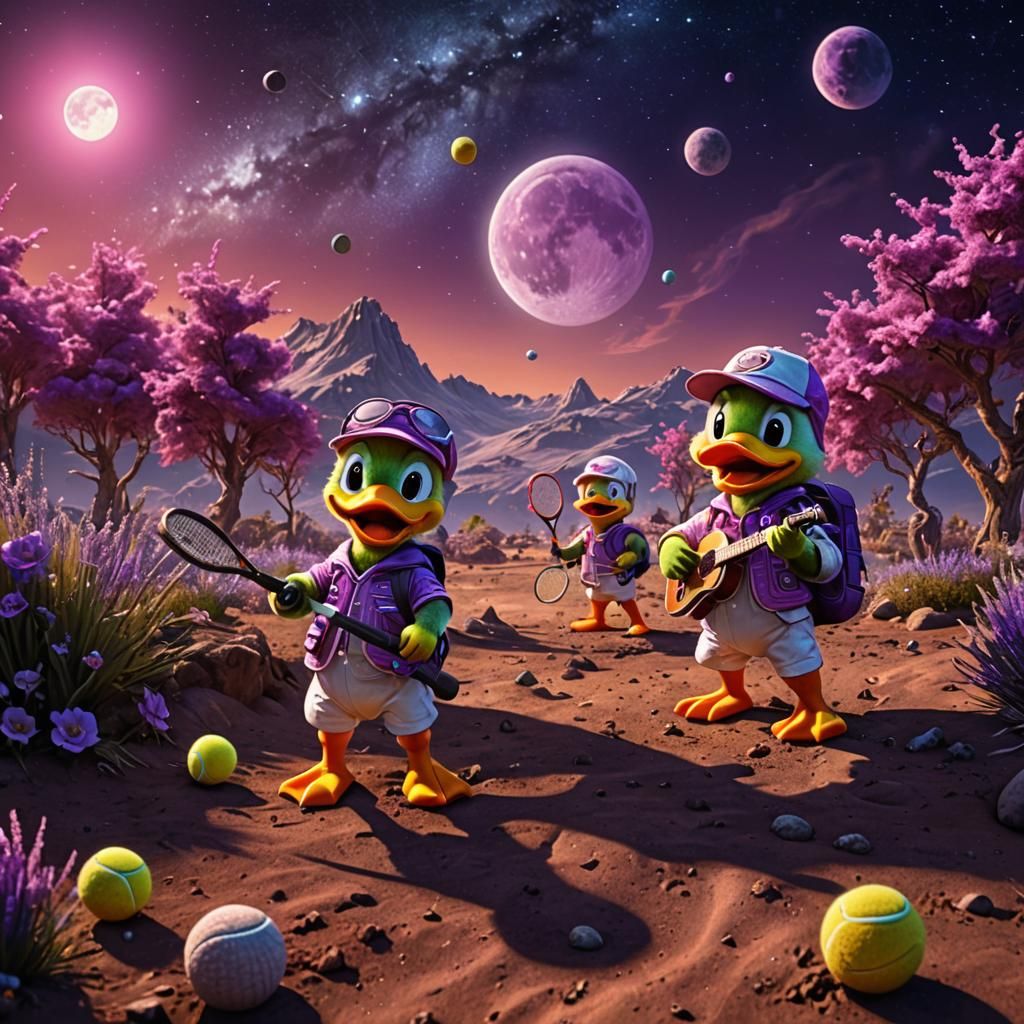 Ducks Play Tennis on the Moon in Hyperrealism