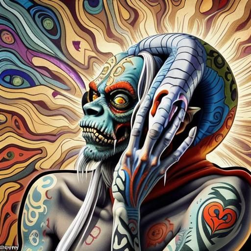 Surreal Tattooed Albino Hybrid in Fantasy Landscape