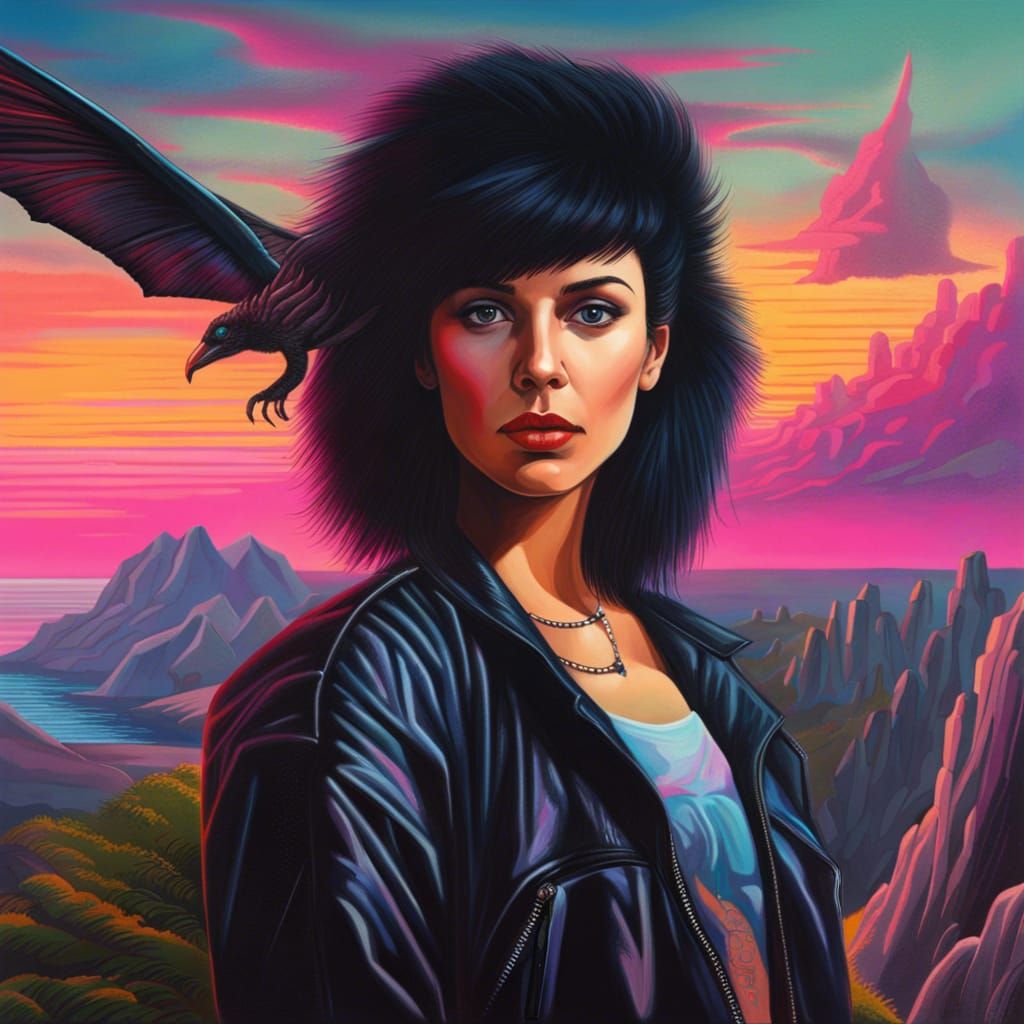 Retrowave Portrait of a Woman in Neon Leather