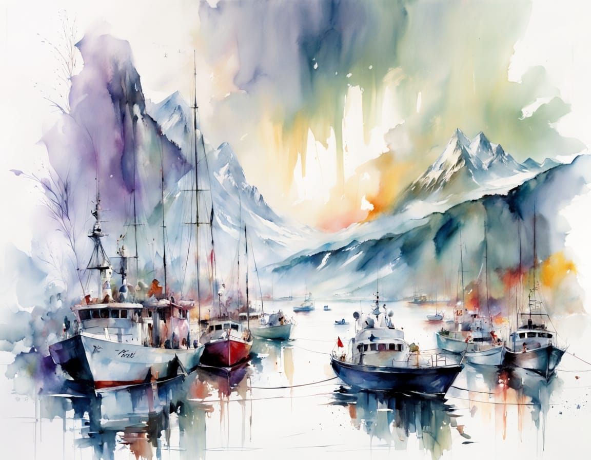 Arctic Aurora Over Fjord as Watercolor Painting