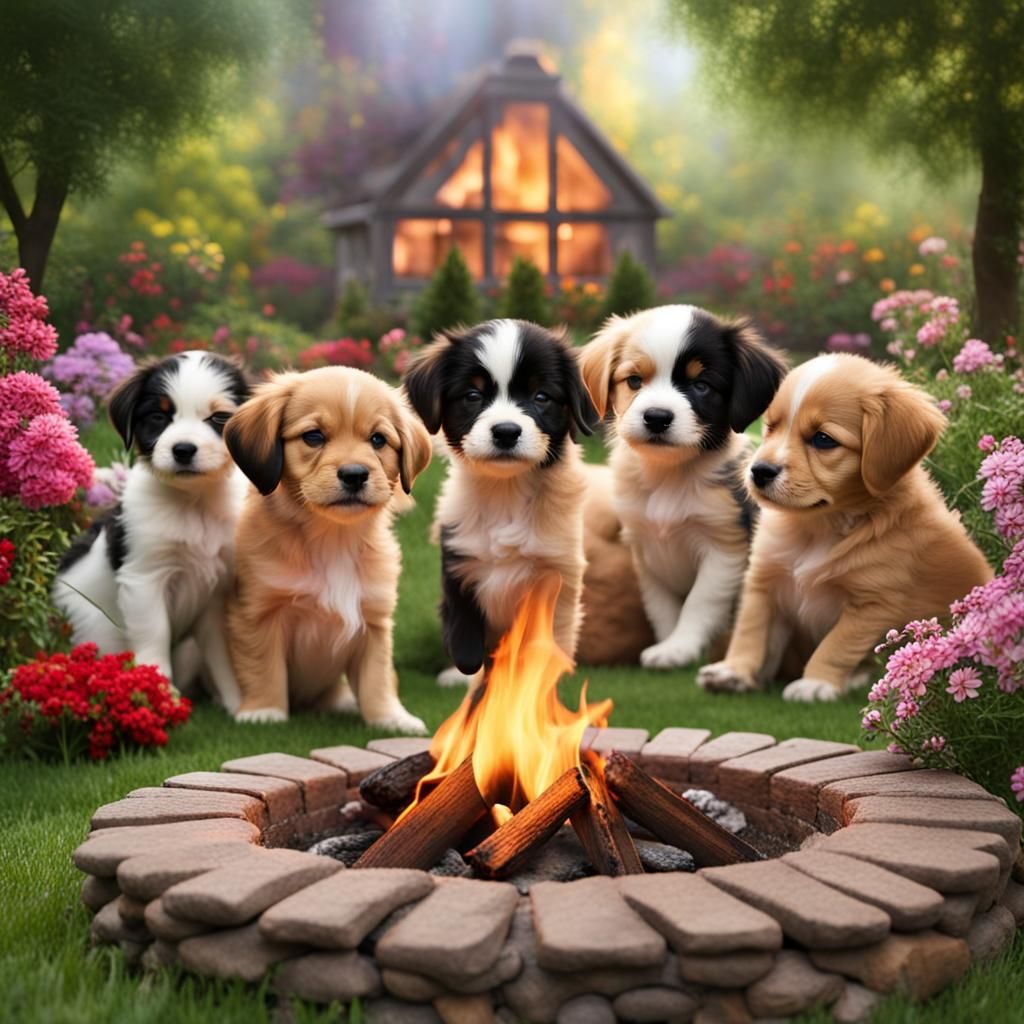 Puppies Basking by Fire Pit in Enchanted Garden
