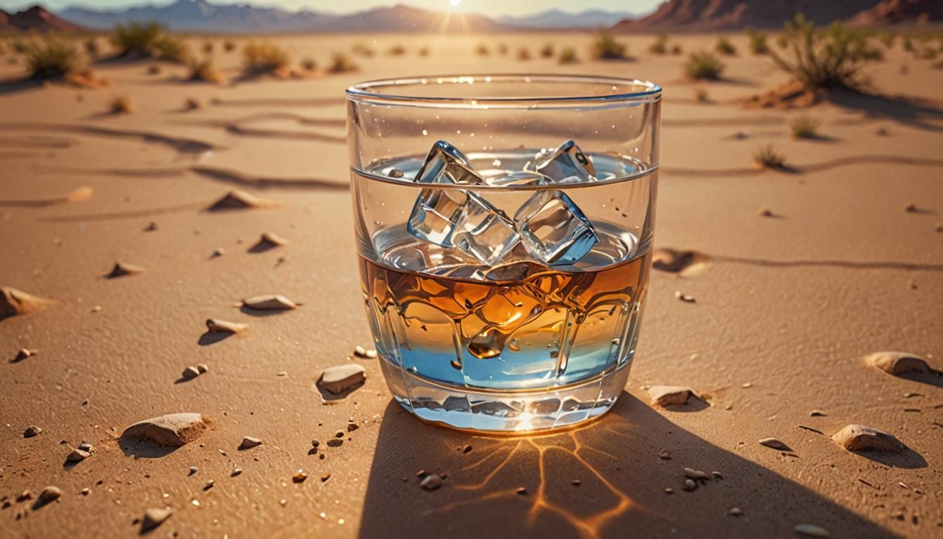 Desert Water Glass: Hyperrealistic Macro Oil Painting