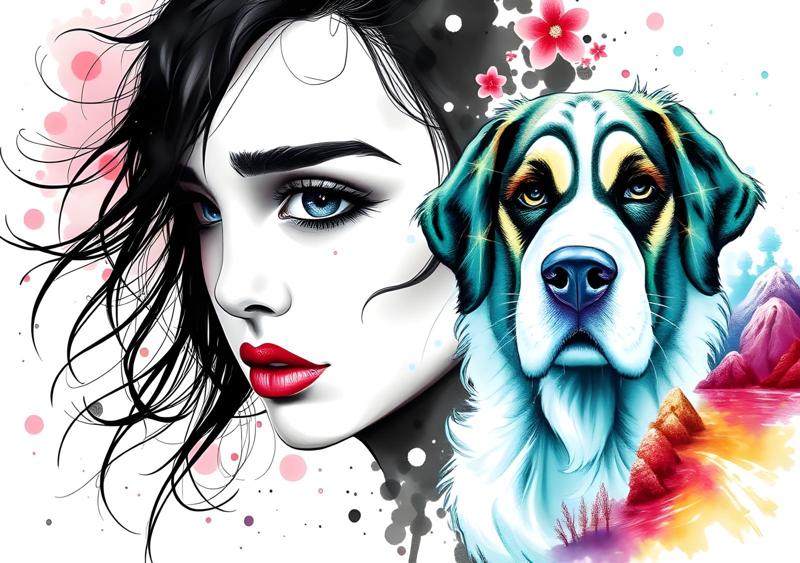 Expressive Digital Watercolor Portrait with Crystal Dog