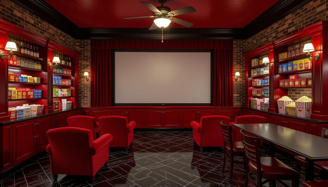 Vibrant Victorian Movie Theater Room in Crimson and Brick