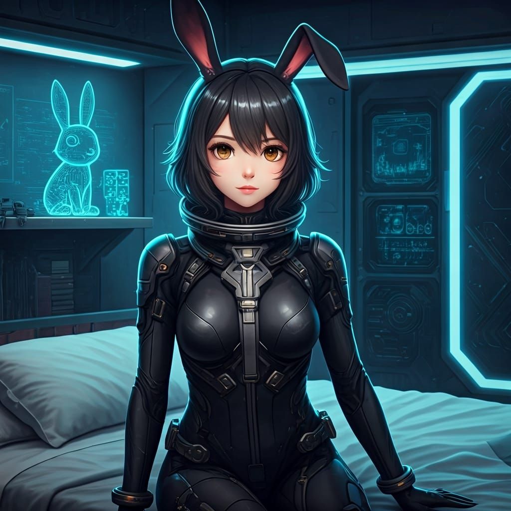 Anime Woman with Rabbit Ears in Futuristic Room
