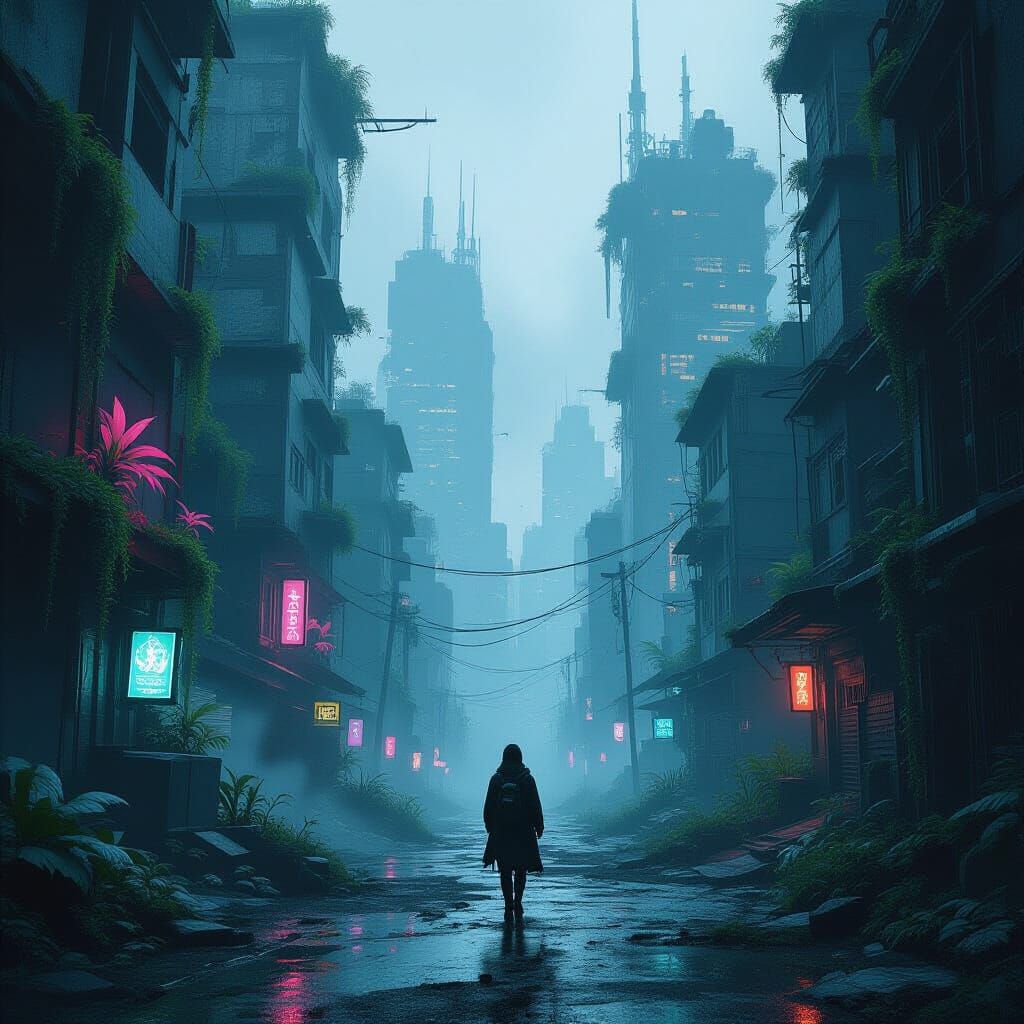 Explorer in Nature-Reclaimed Futuristic City