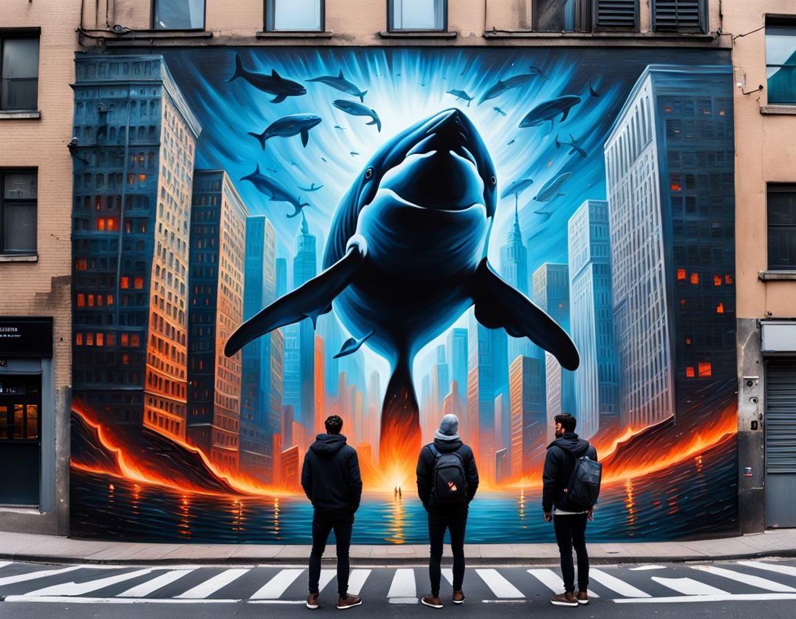 Couple Views Op Art Street Art with Floating Whale