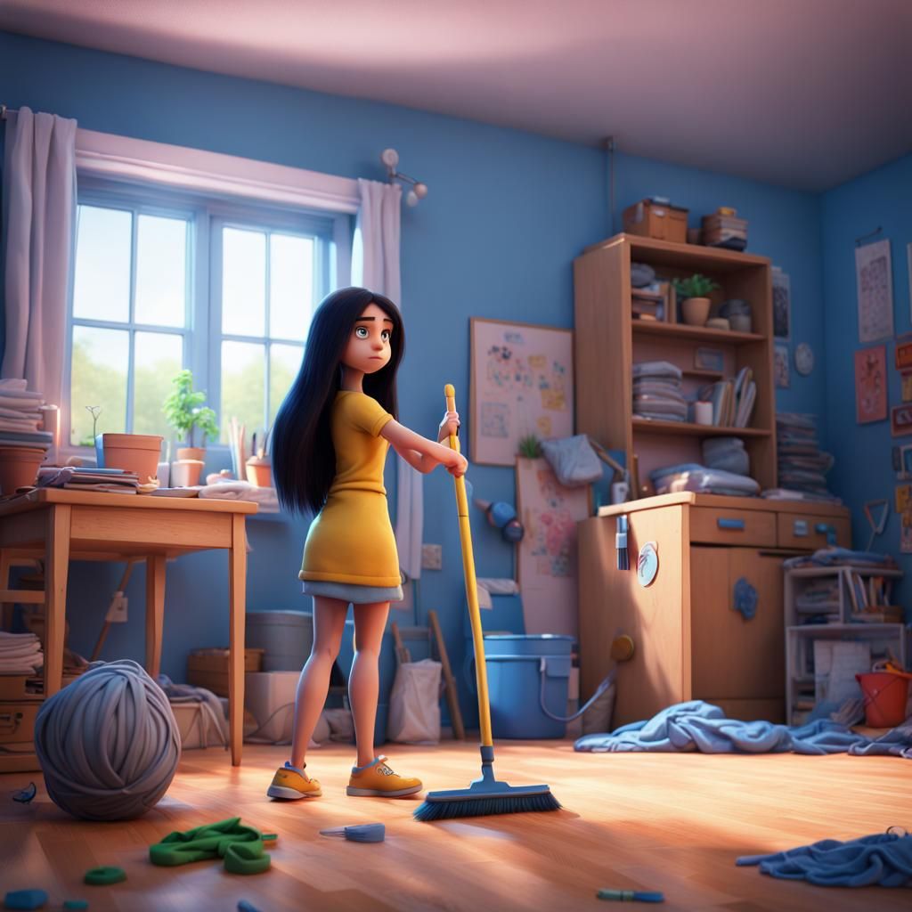 Frustrated Teen Cleaning Room in 3D Digital Art