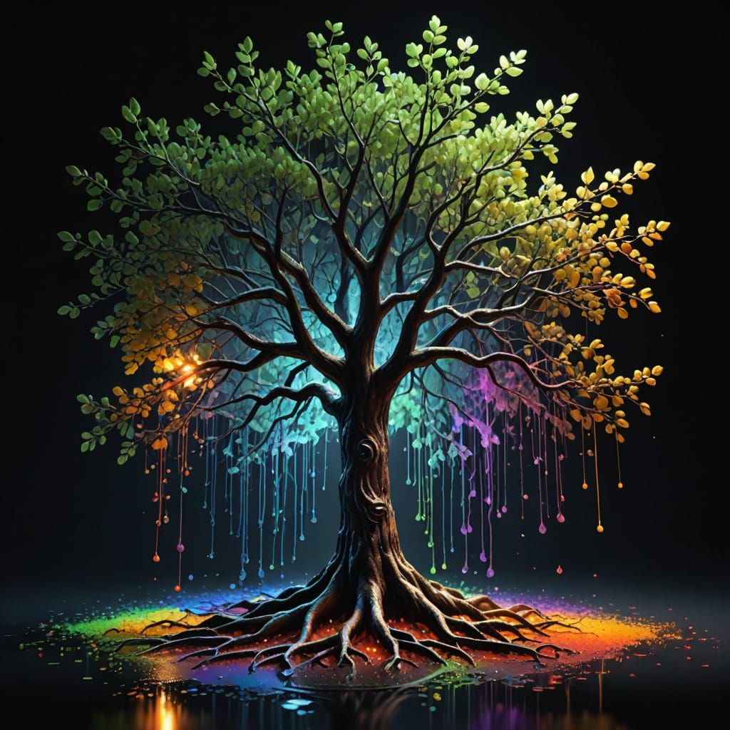 Surreal Hyperrealistic Tree Radiates Vibrant Light in Dark S...