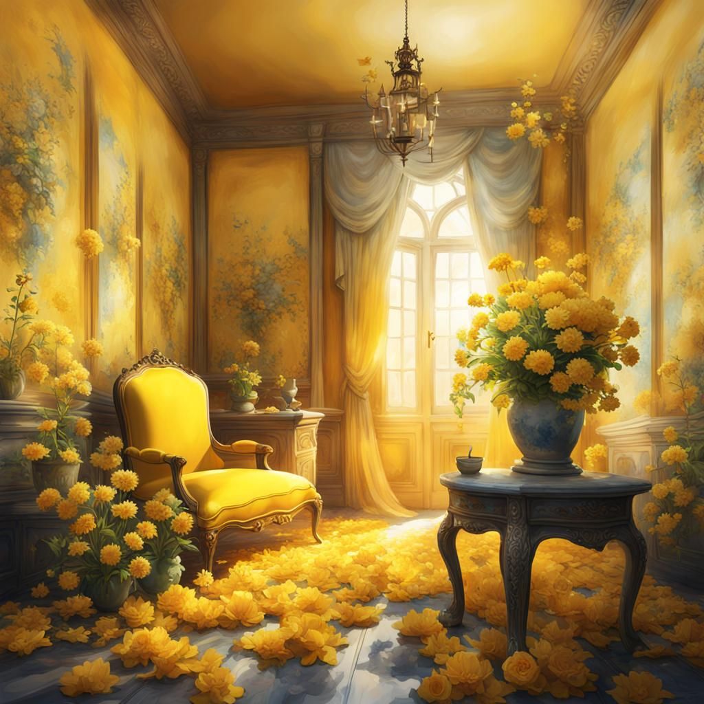 Watercolor Yellow Room with Flowers and Butterflies