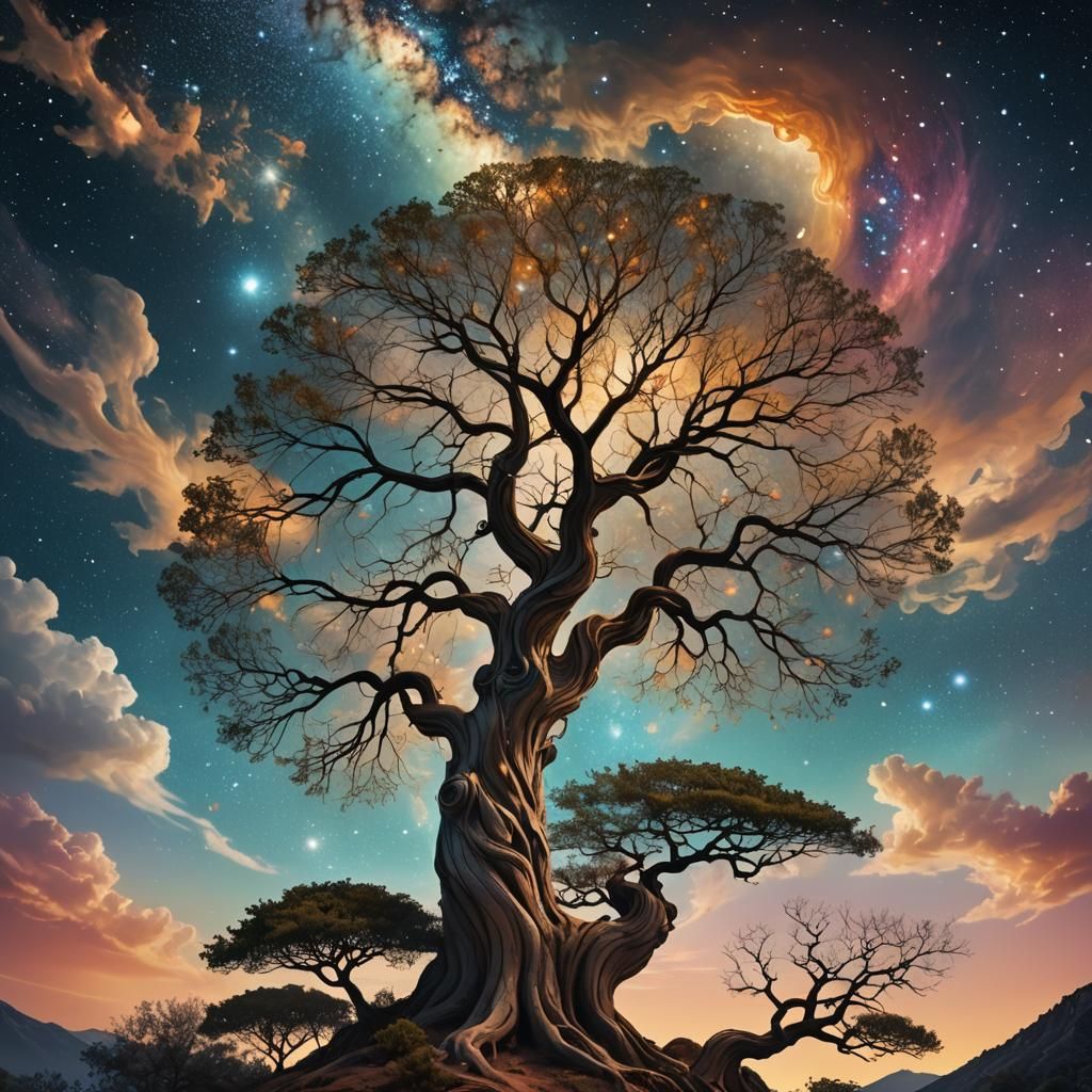 Surreal Glowing Tree with Stars and Galaxies