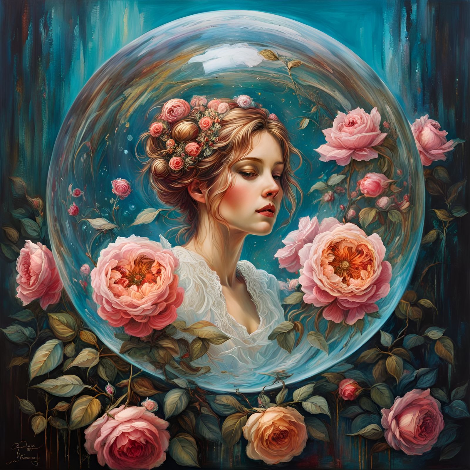 Miniature Roses in Translucent Bubbles as Oil Painting