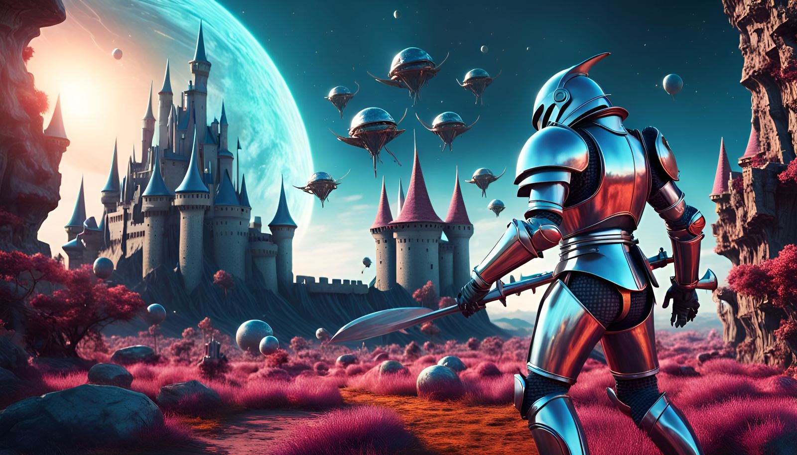 A medieval knight battling alien invaders outside a futuristic, energy-shielded castle on a distant planet