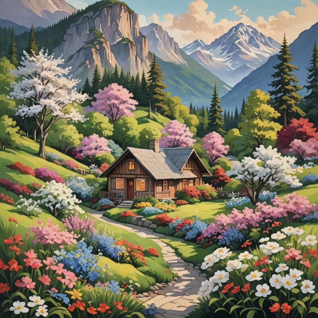 Cottagecore Scenery with Blooming Trees and Distant Mountain...