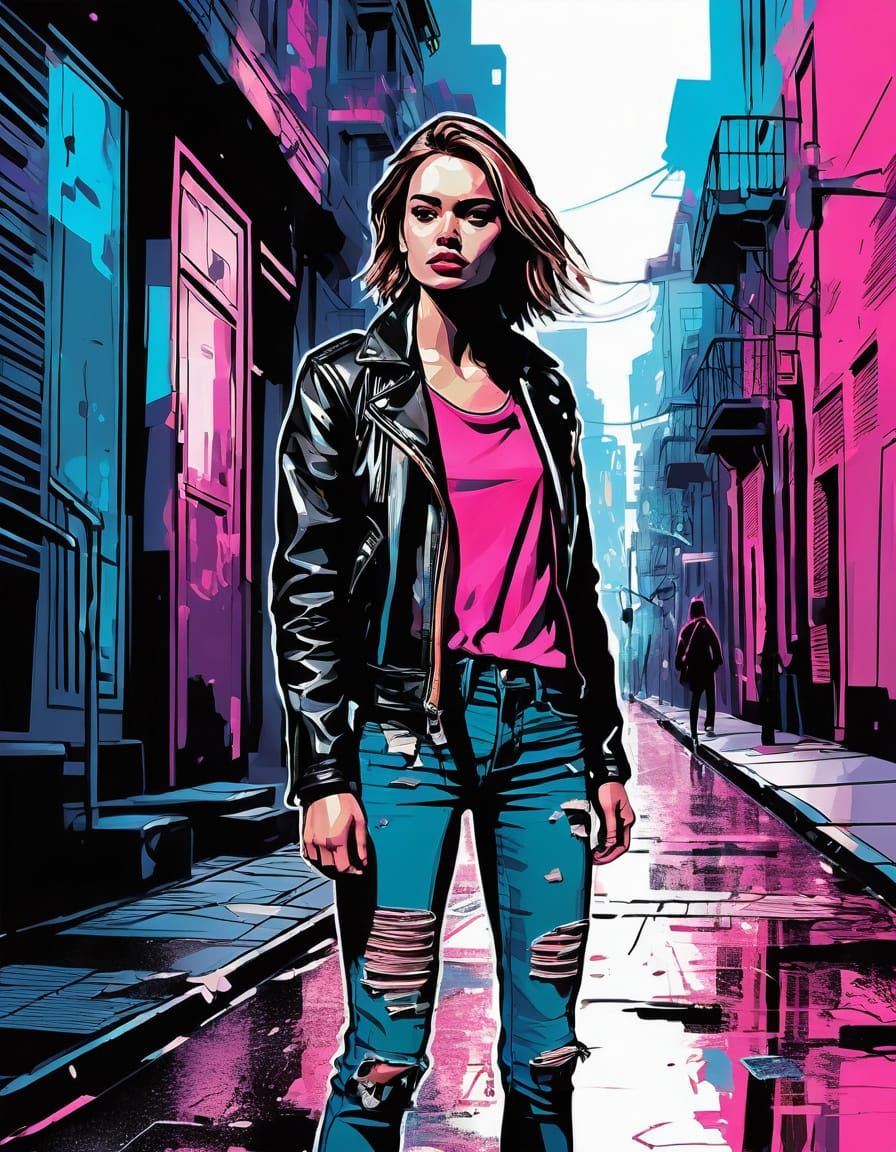 Neon Pink Heroine in Cyberpunk Comic Book Style