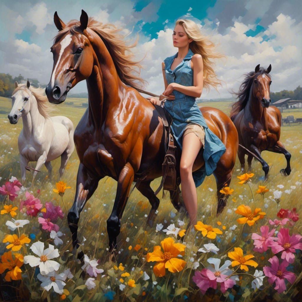 Wild Horses in Flower Field Graffiti Art