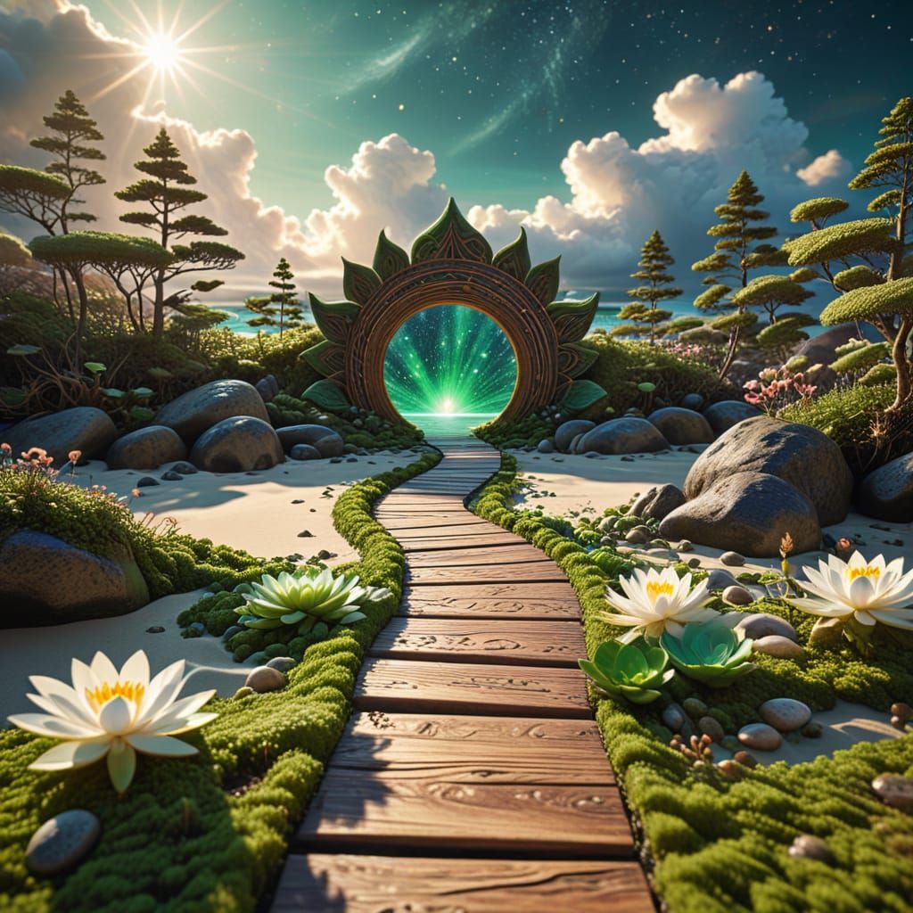 Ethereal Wooden Pathway Leads to Celestial Portal
