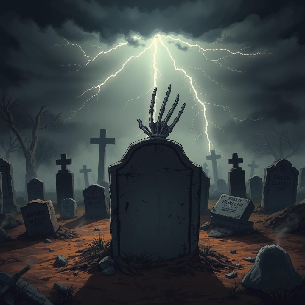 Eerie Cemetery Scene with Skeletal Hand in Manga Style