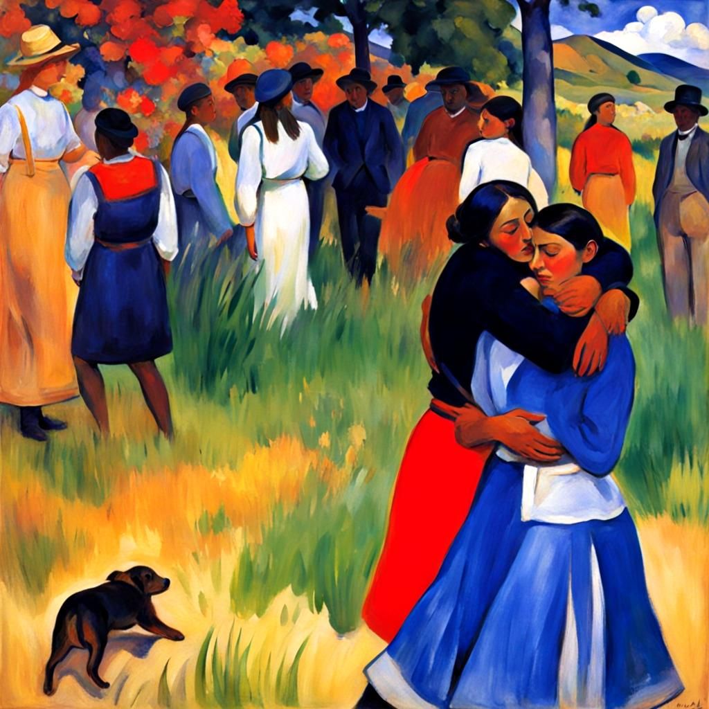 Loving Embrace Painting in Serebriakova and Gauguin Style