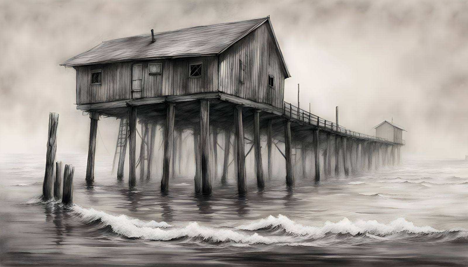 Pier Disappearing into Fog: Detailed Charcoal Sketch