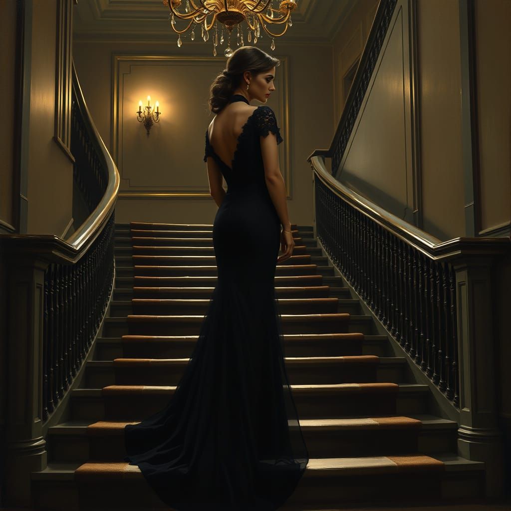 Elegant Woman in Black Gown on Grand Staircase