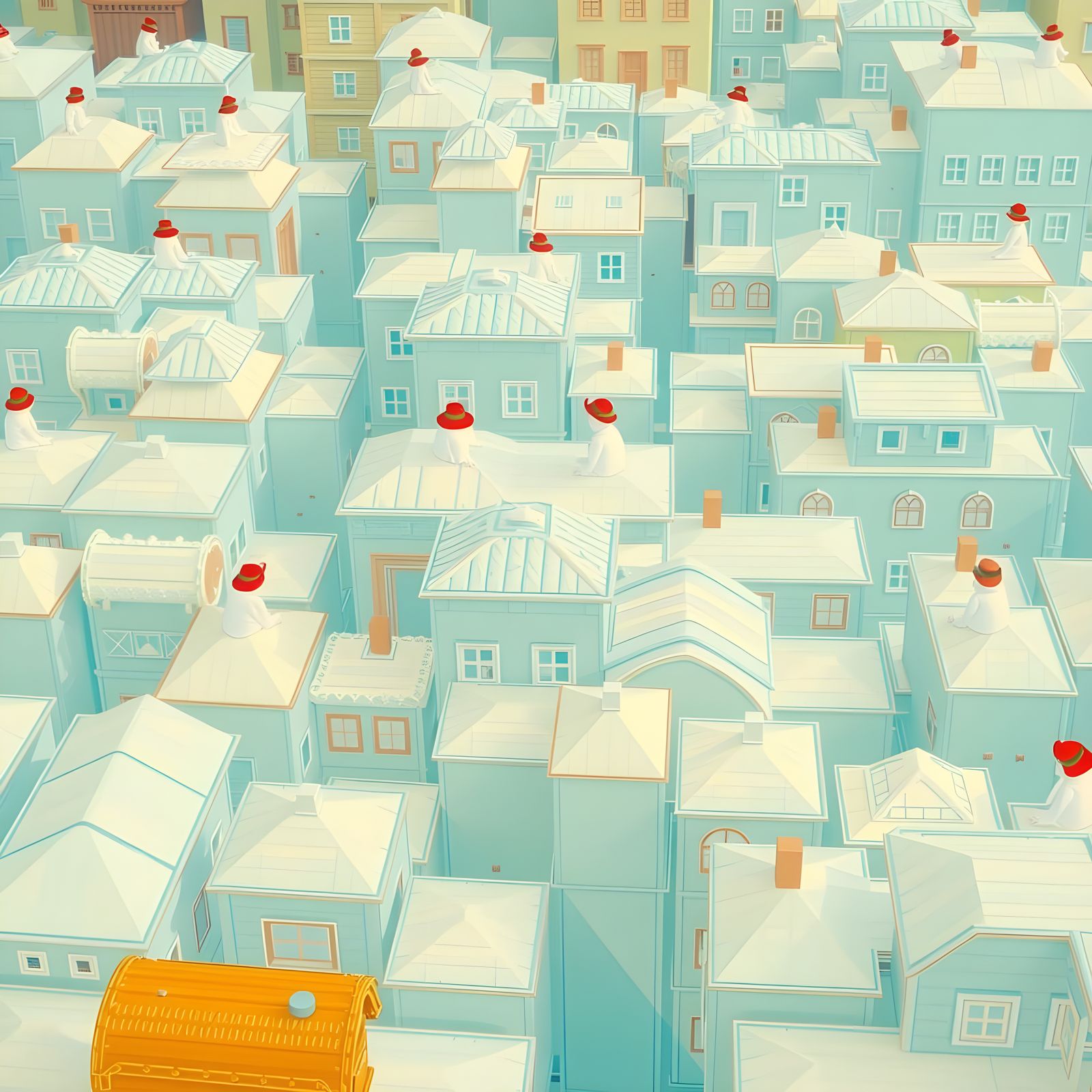 People in Red Hats Perched on Box Town Roofs