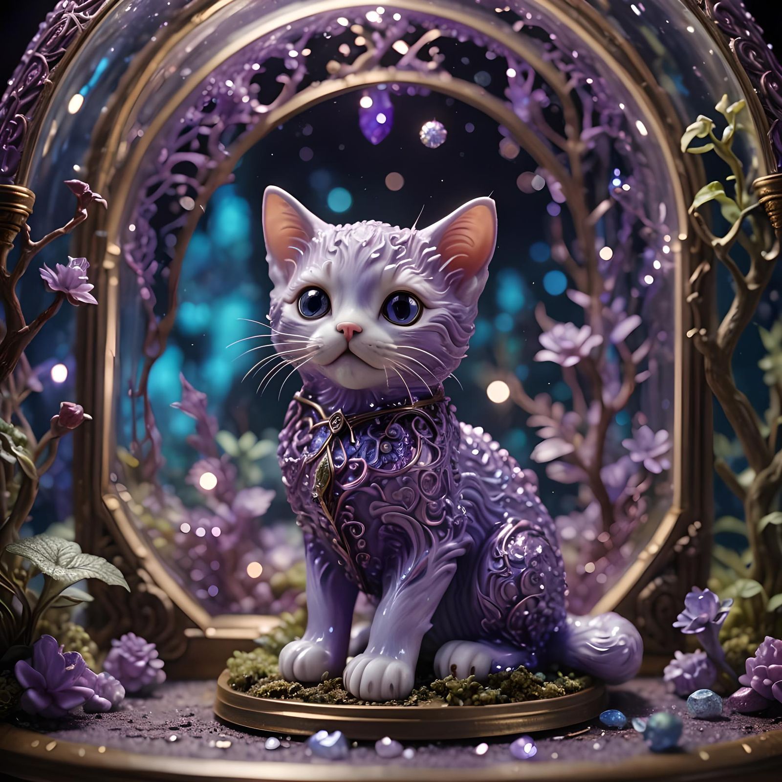 Luminescent Porcelain Kitten in Bioluminescent Forest