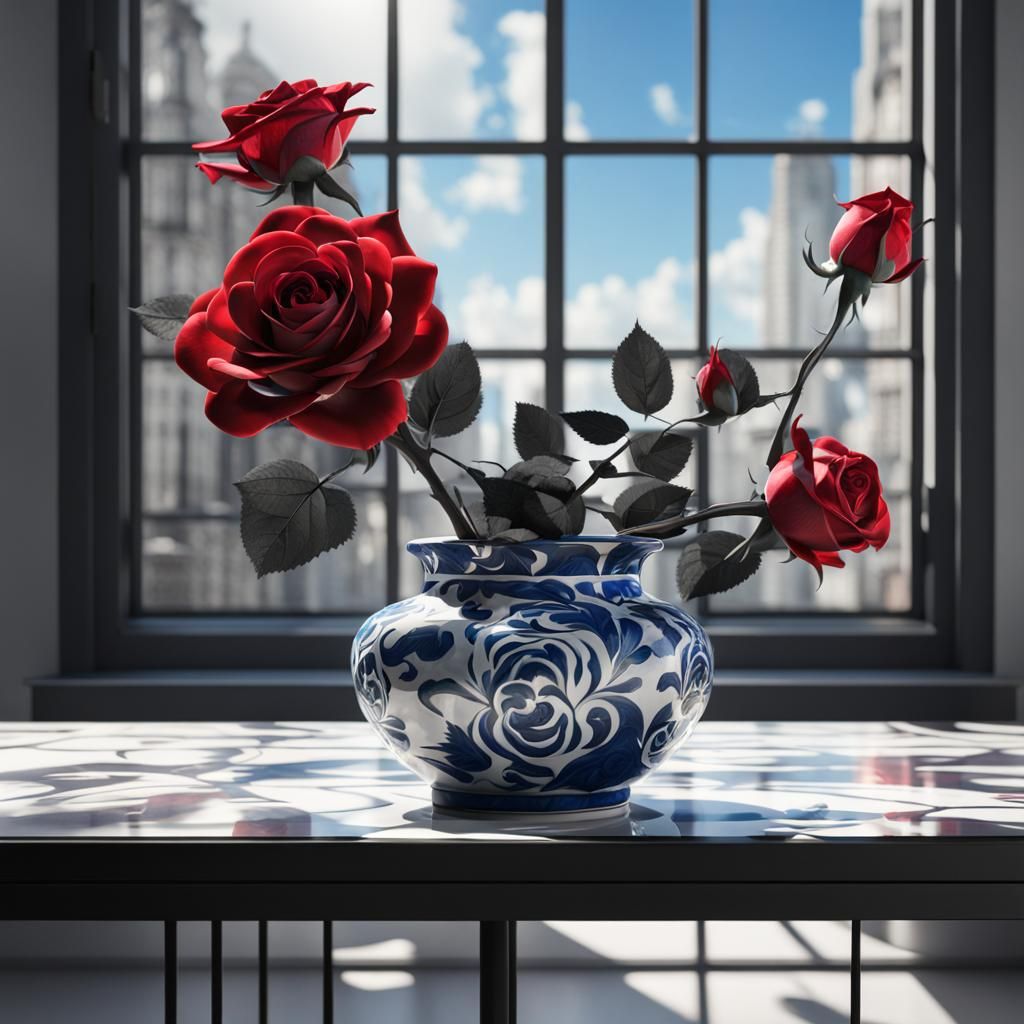 Red and Blue Rose Still Life, Detailed Matte Painting