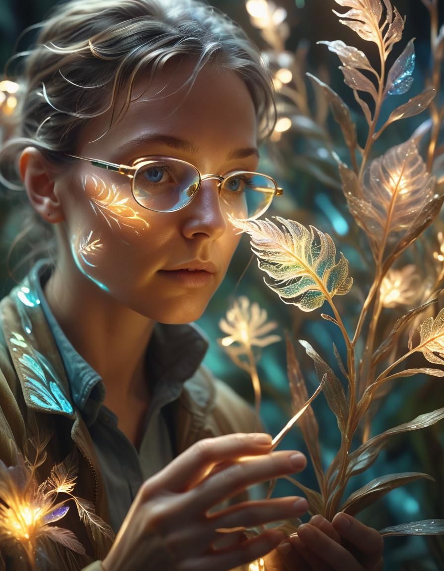 Biologist Examines Glowing Plant in Surreal Digital Art