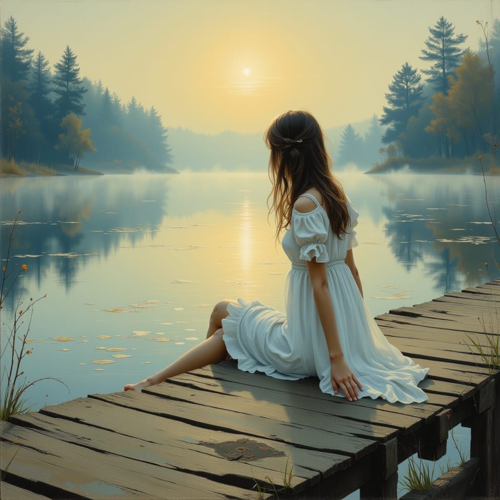 Young Girl on a Serene Lake Pier in Soft Oil Brushstrokes