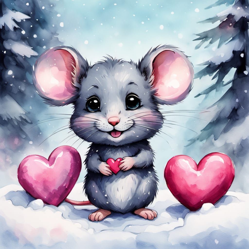 Whimsical Watercolor Mouse in Snowy Scene