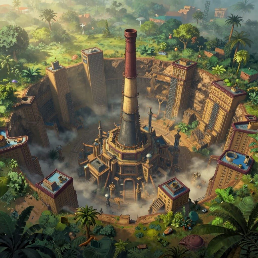 Dieselpunk City in Jungle Crater with Warm Glow