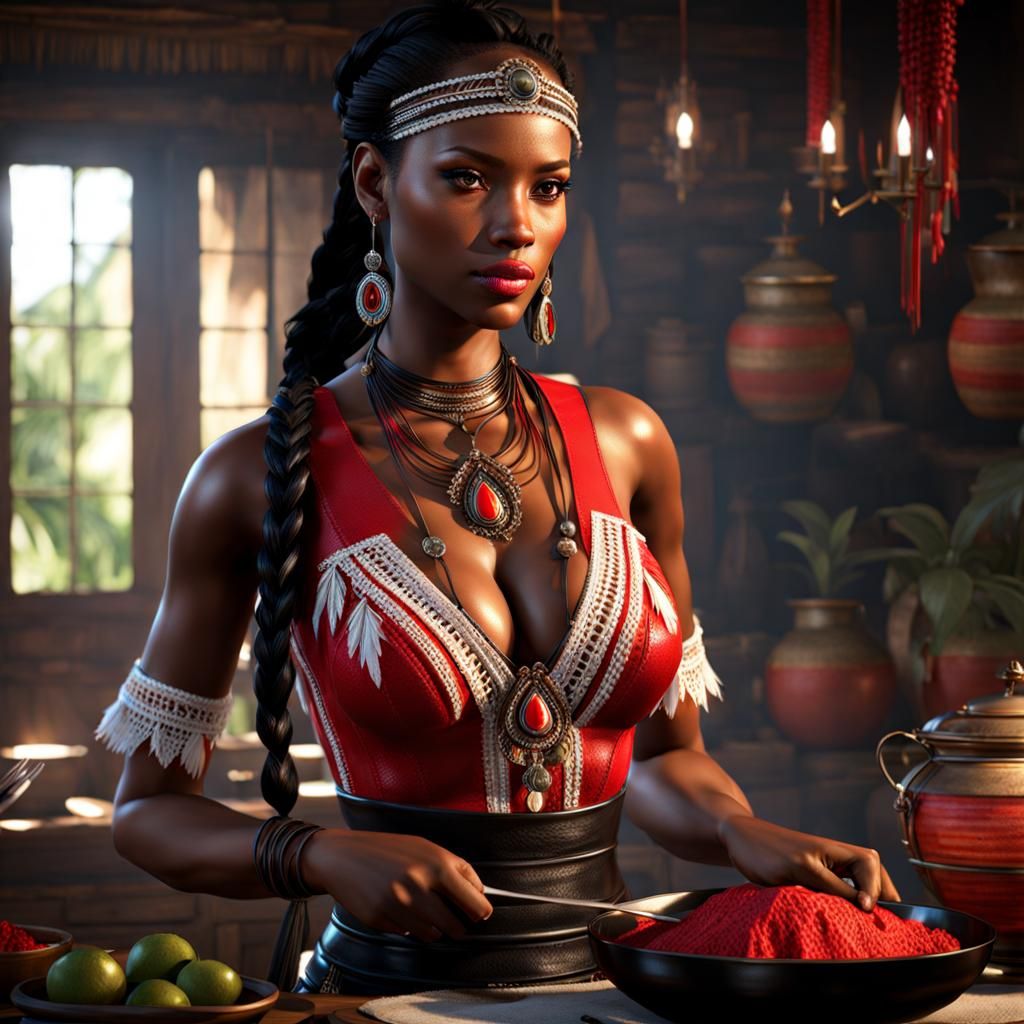 Beautiful Indigenous Woman Preparing Meal in Volumetric Ligh...