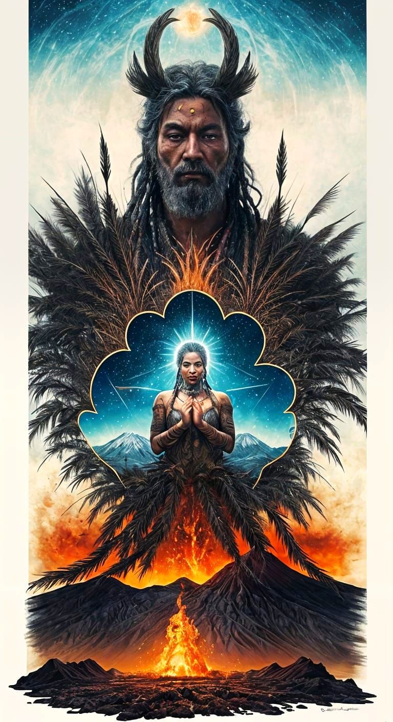 Volcanic Goddess Birthing Land in Watercolor and Ink