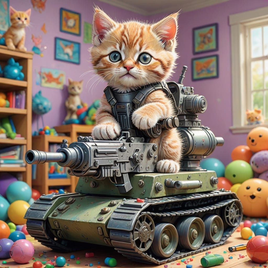 Kitten Machine Gunner in Toy Tank Crayon Drawing