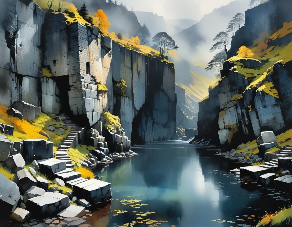 Basalt Lake in Old Quarry: Watercolor Painting