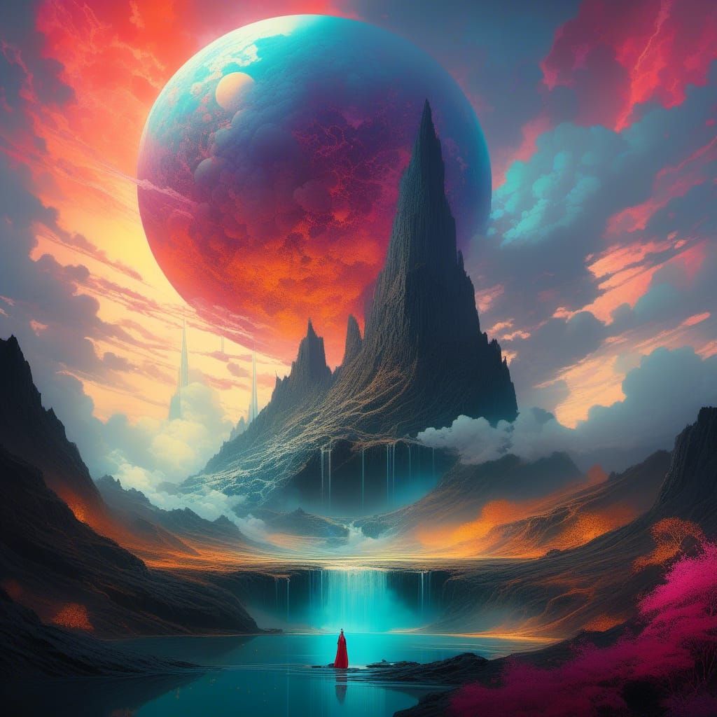 Surreal Sunset Landscape with Personified Sun