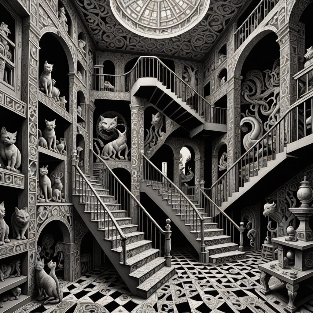 Escher-Inspired Lithograph Depicts Cat Enchanted by Mirrored...