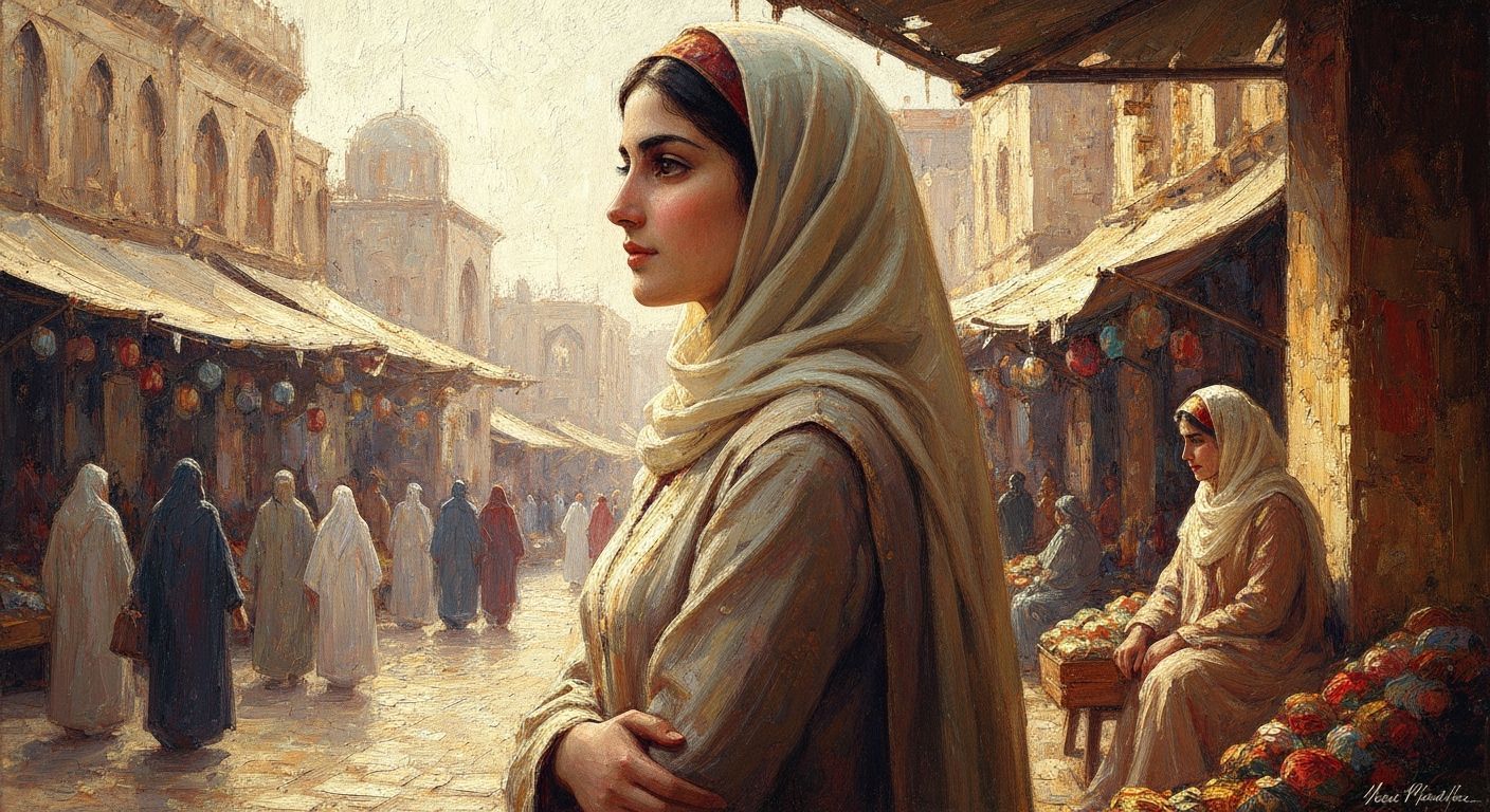 Impressionist Muslim Woman in Bustling Marketplace