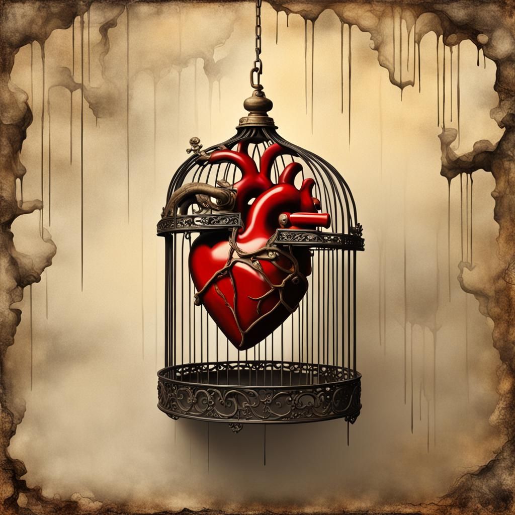 Surreal Heart Trapped in Birdcage, Dali Style