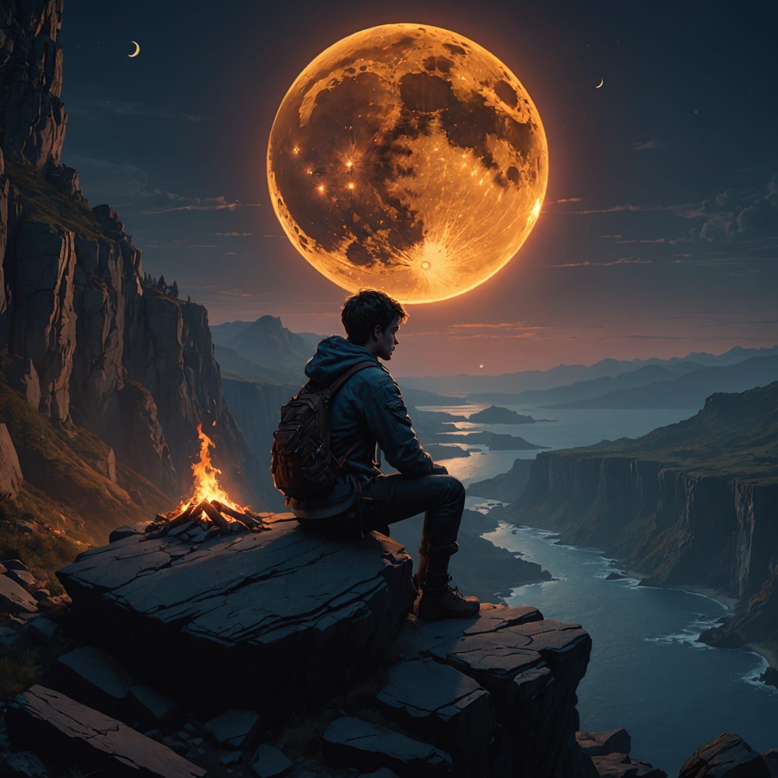 Boy on Cliff at Night, Dark Fantasy Concept Art
