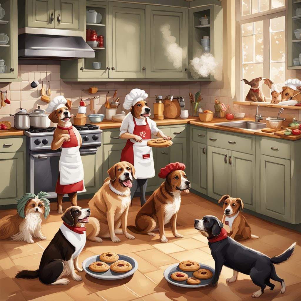 Dogs Baking Holiday Treats in Festive Kitchen